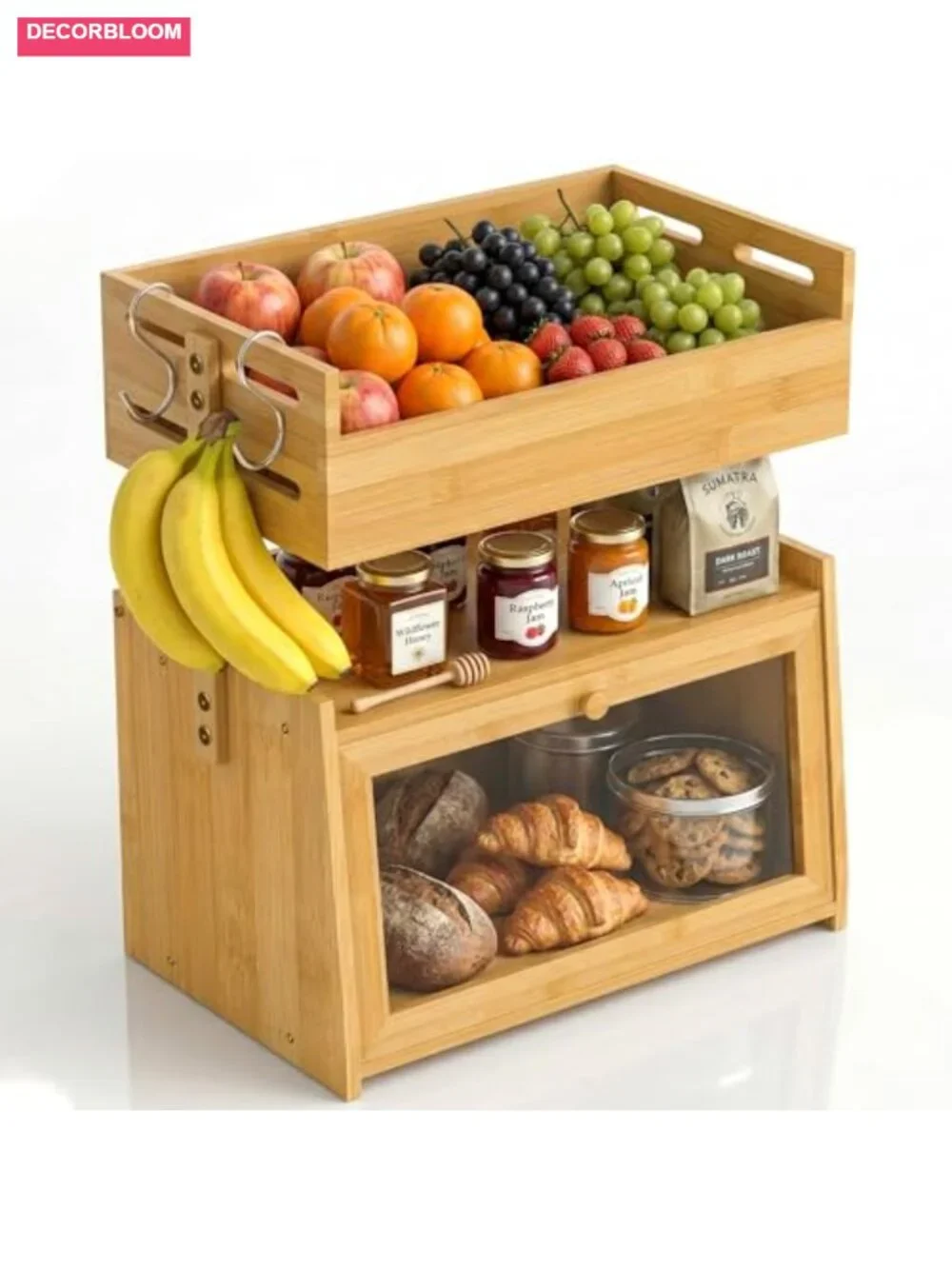 2-in-1 Bamboo Bread Box with Fruit Basket Kitchen Countertop Organizer